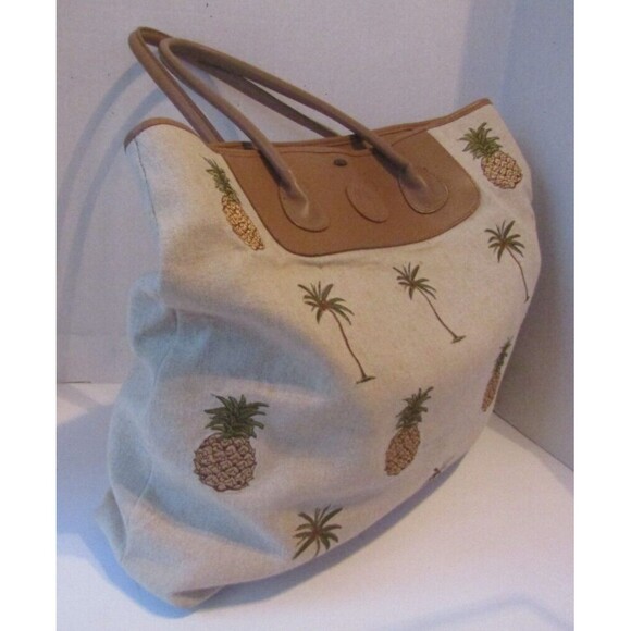 Scala Collezione Tote Bag Handcrafted Leather Canvas Palm Trees Shoulder Bag - Picture 2 of 7